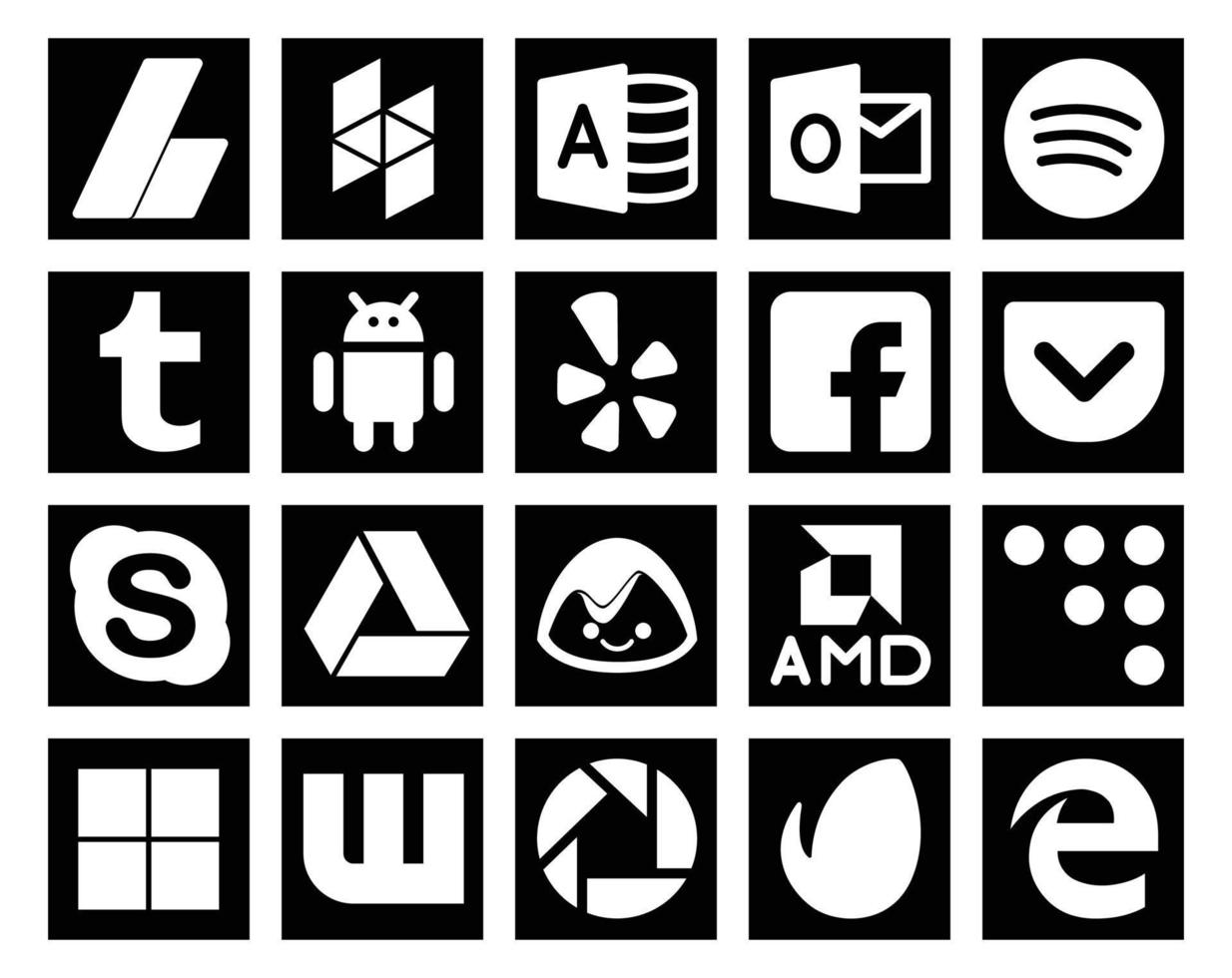 20 Social-Media-Icon-Packs mit köstlichem und Yelp-Basecamp-Chat vektor