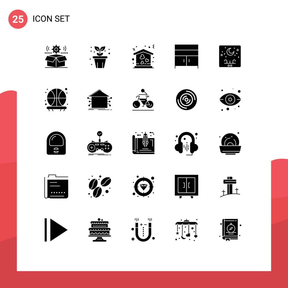25 solides Glyphenkonzept für mobile Websites und Apps eid-Möbel Pflanzenschrank bewegen editierbare Vektordesign-Elemente vektor