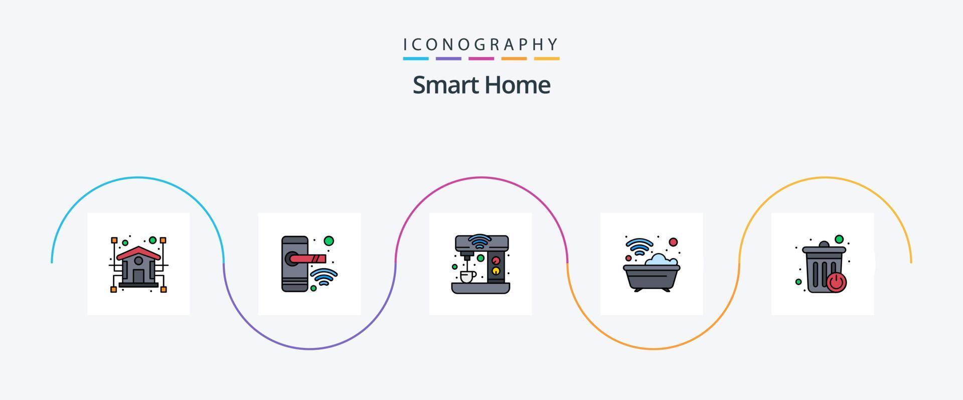 Smart-Home-Line-Flat-5-Icon-Pack mit Waschraum. schlau. intelligentes Getränk. Haus. Küche vektor