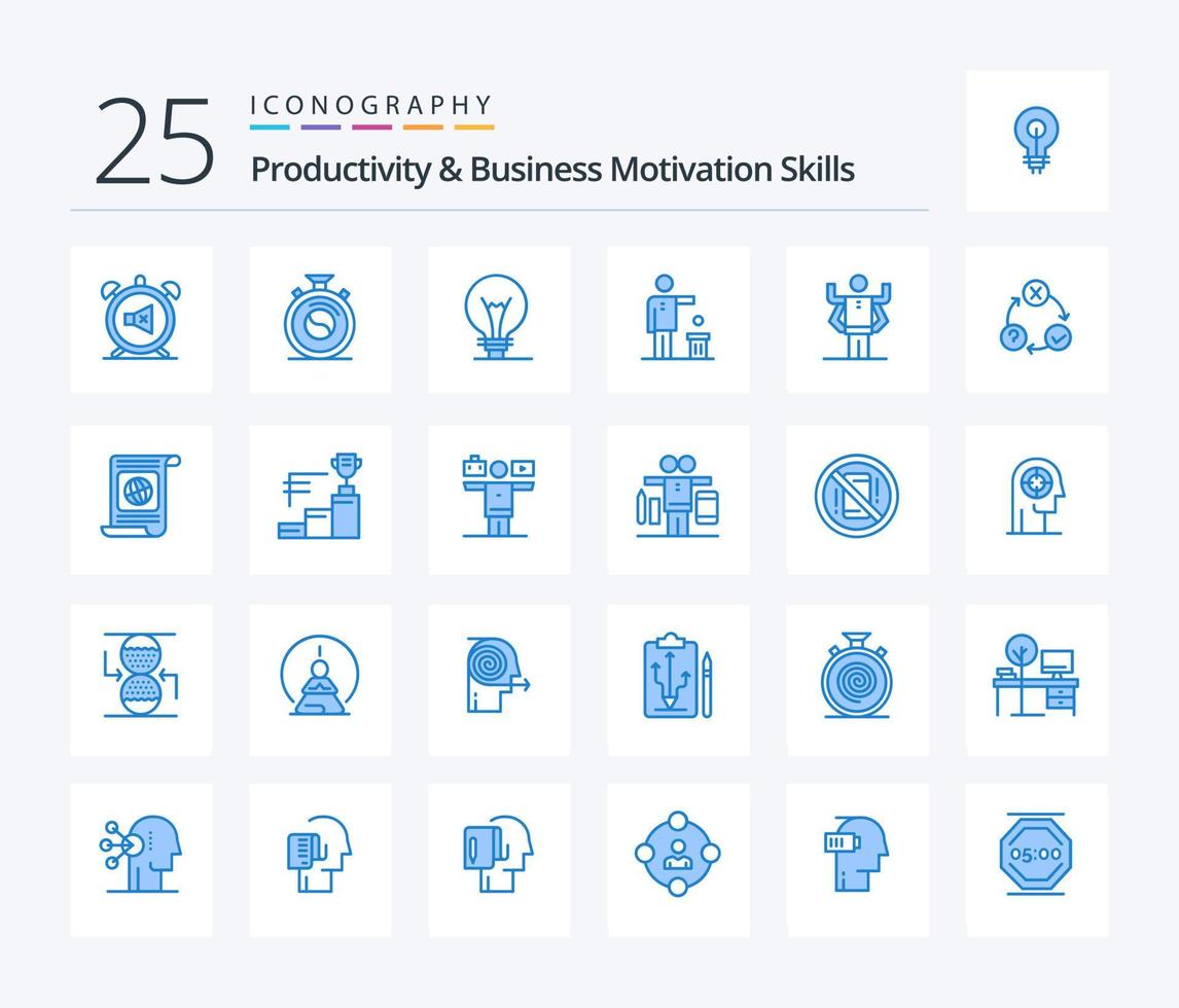 Produktivitäts- und Geschäftsmotivationsfähigkeiten 25 blaues Symbolpaket einschließlich Gedanken. Ideen. trainieren. Idee. die Glühbirne vektor