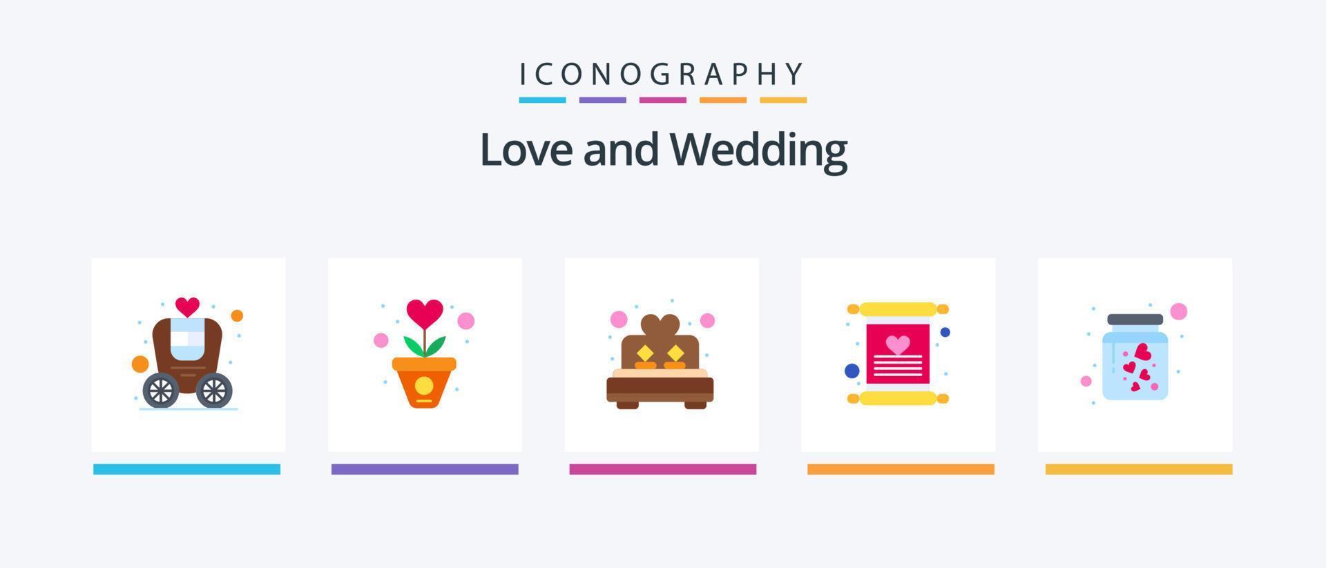 bröllop platt 5 ikon packa Inklusive bröllop. inbjudan. hjärta. inbjudan. rum. kreativ ikoner design vektor