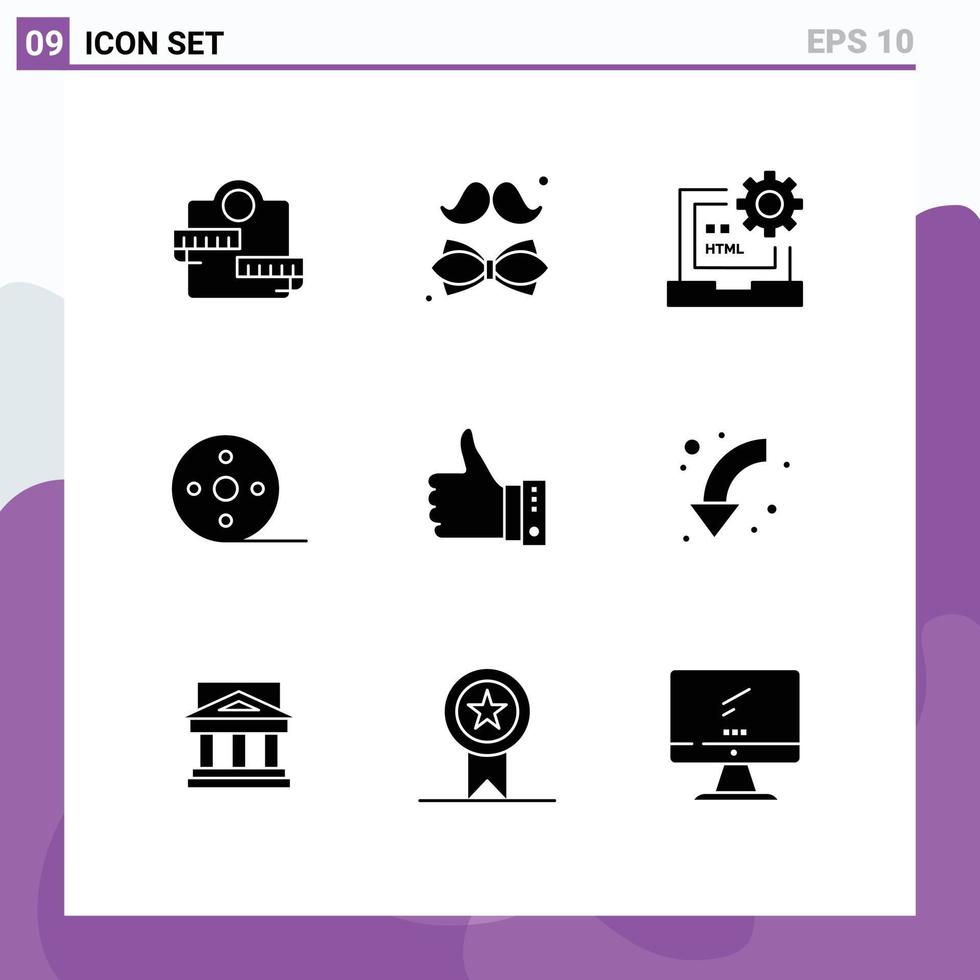 moderner Satz von 9 soliden Glyphen und Symbolen wie bearbeitbare Vektordesign-Elemente für die Entwicklung von Reel-Film-Tagesalben vektor