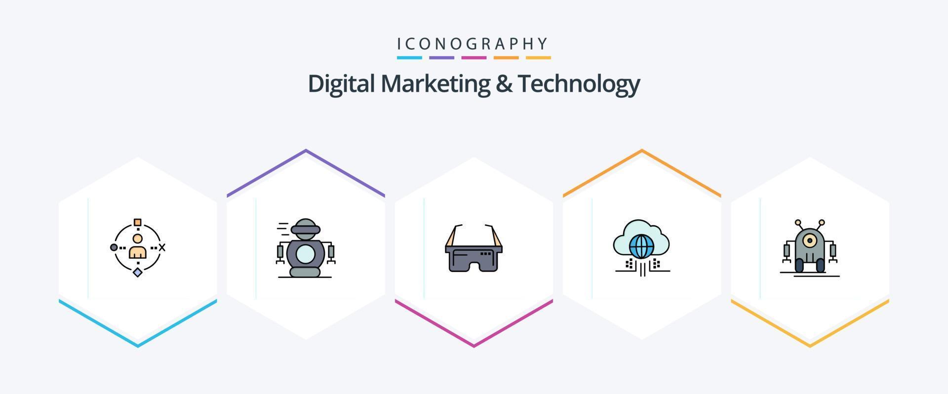 digitales Marketing und Technologie 25 gefülltes Symbolpaket einschließlich Roboter. Technologie. virtuell. Wolke. Internet vektor