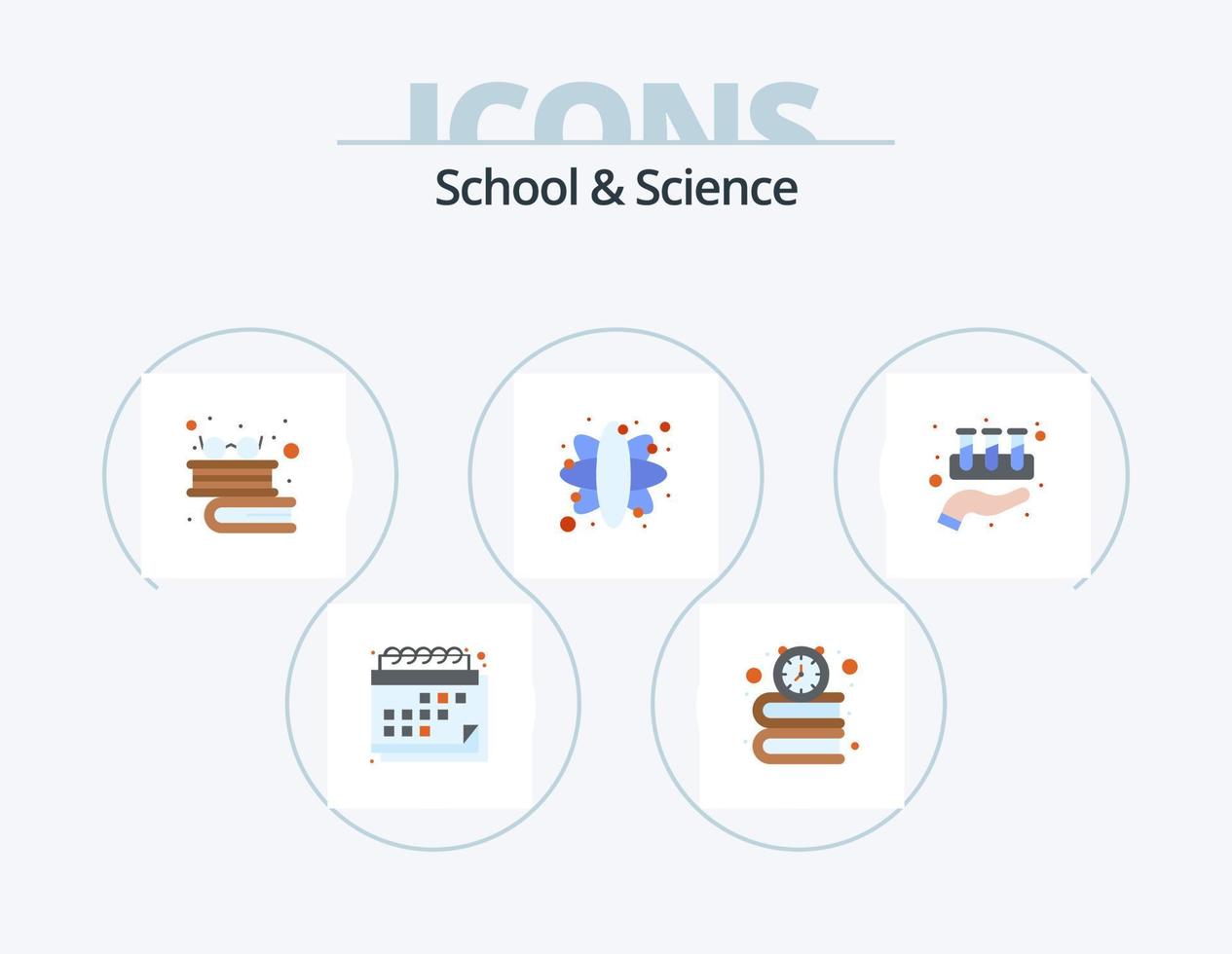 skola och vetenskap platt ikon packa 5 ikon design. labb. utbildning. böcker. vetenskap. atom vektor