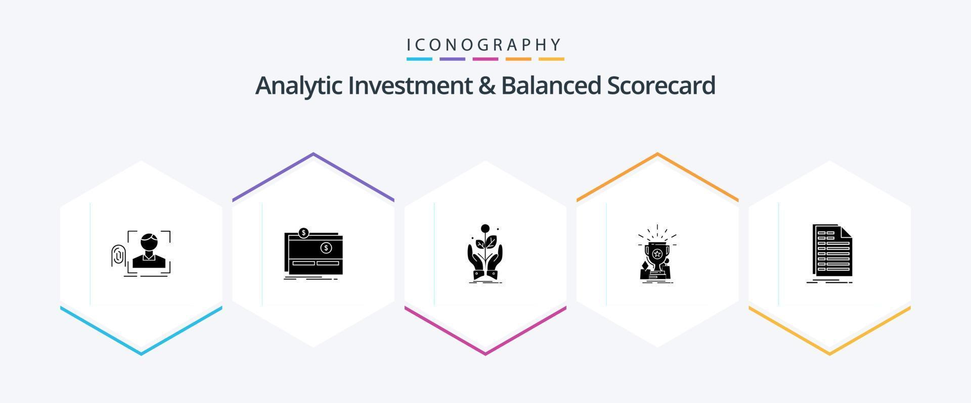 Analytische Investition und Balanced Scorecard 25 Glyphen-Icon-Pack inklusive Tasse. Leistung. Plattform. erhebt euch. Wachstum vektor