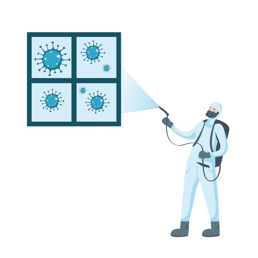 Mann mit Schutzanzug Sprühfenster mit Covid 19 Vektor-Design vektor