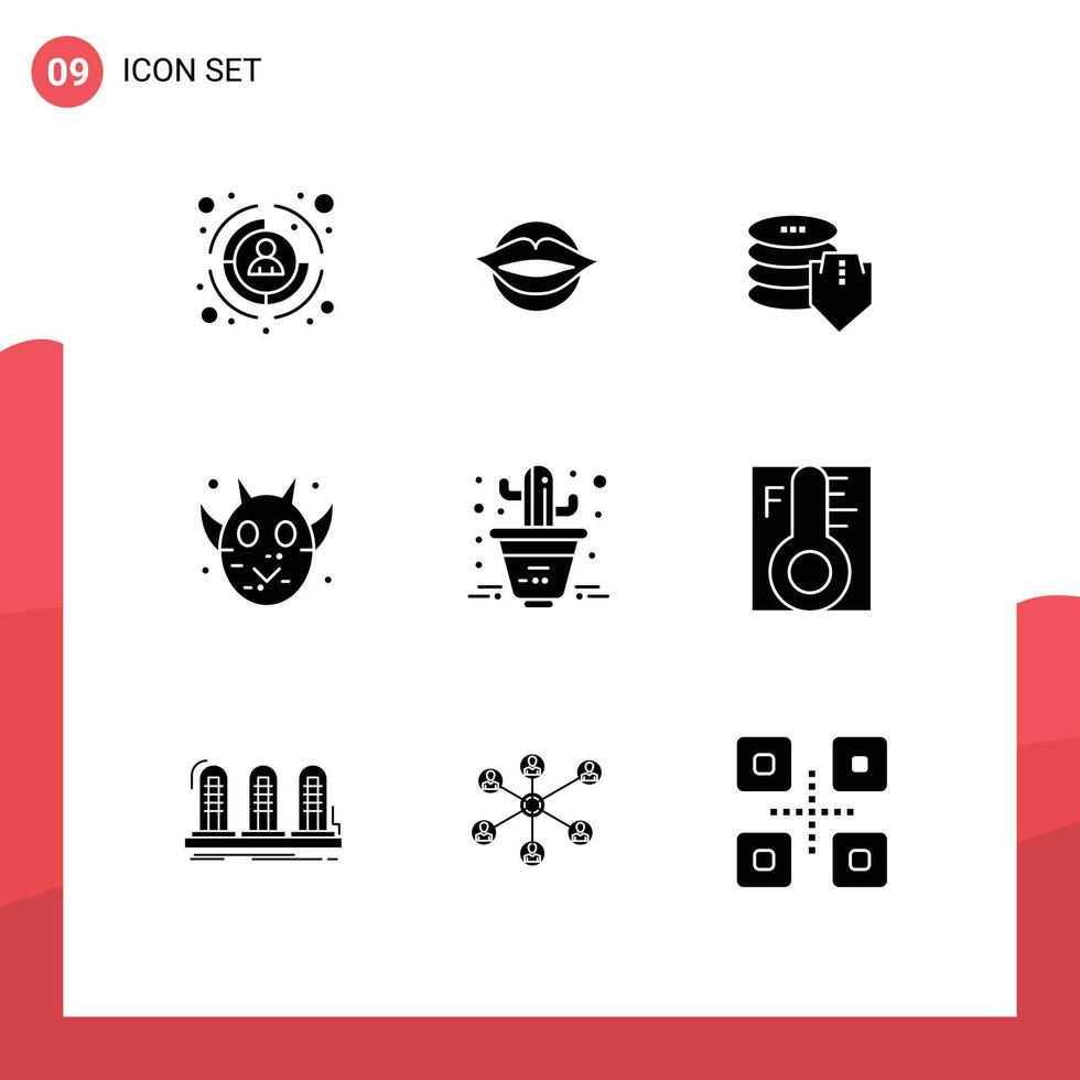 9 solides Glyphenkonzept für mobile Websites und Apps Kaktus Frankenstein Schönheitsgesicht sicher bearbeitbare Vektordesignelemente vektor