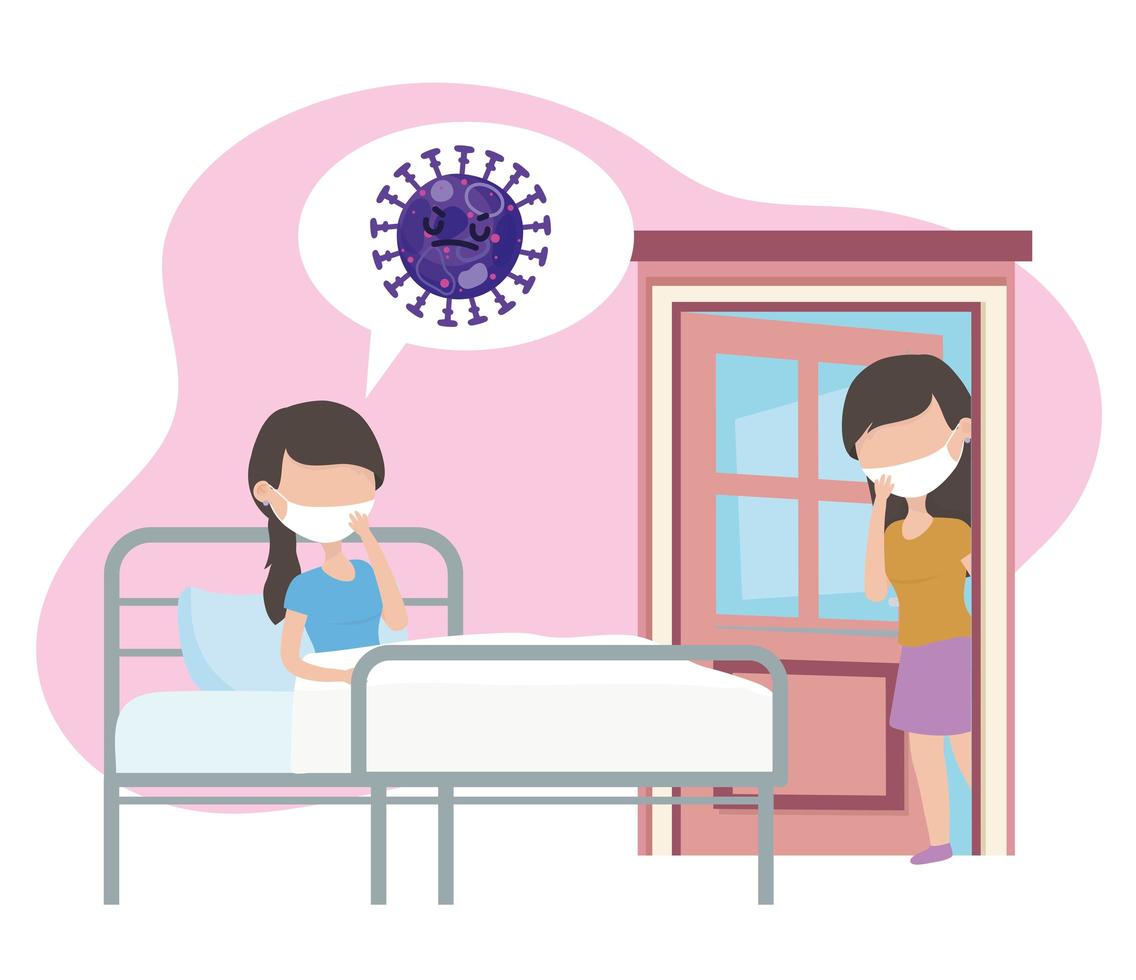 covid 19 coronaviruspandemi, sjuk kvinna i sängen med medicinsk mask vektor