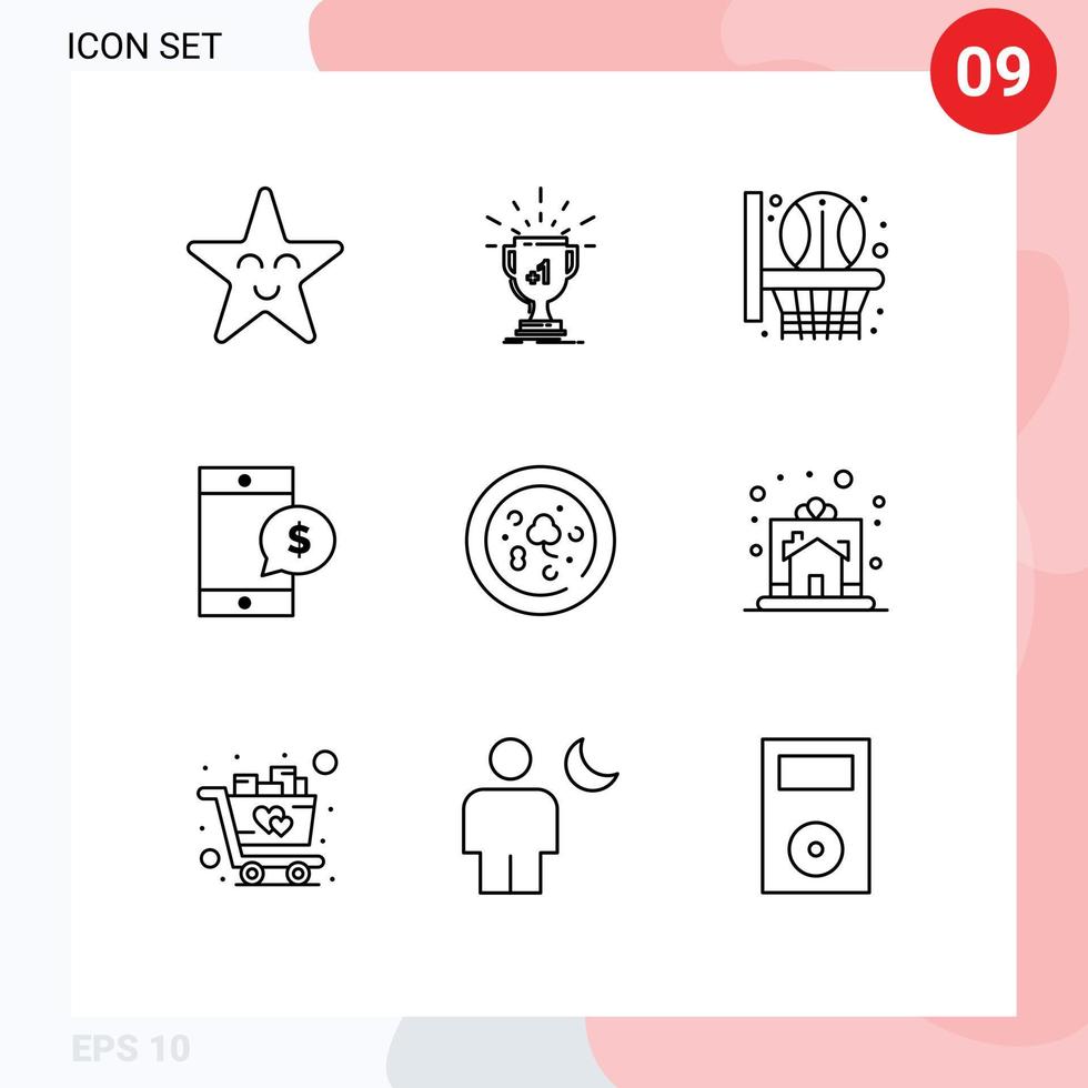 Mobile Interface Gliederungssatz von 9 Piktogrammen von bearbeitbaren Vektordesignelementen für Getränkepizza-Basketballnetzdollarzellen vektor