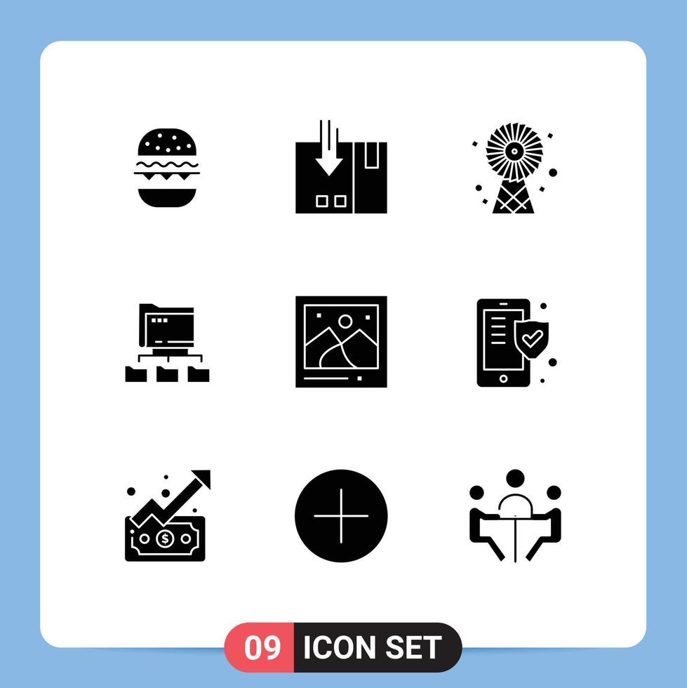 Gruppe von 9 soliden Glyphen Zeichen und Symbolen für Kameranetzwerkdienstordner Technologie editierbare Vektordesign-Elemente vektor