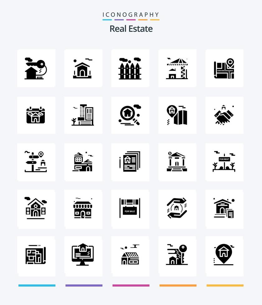 Creative Real Estate 25 Glyph Solid Black Icon Pack wie Gebäude. real. real. Kran. Grundeigentum vektor