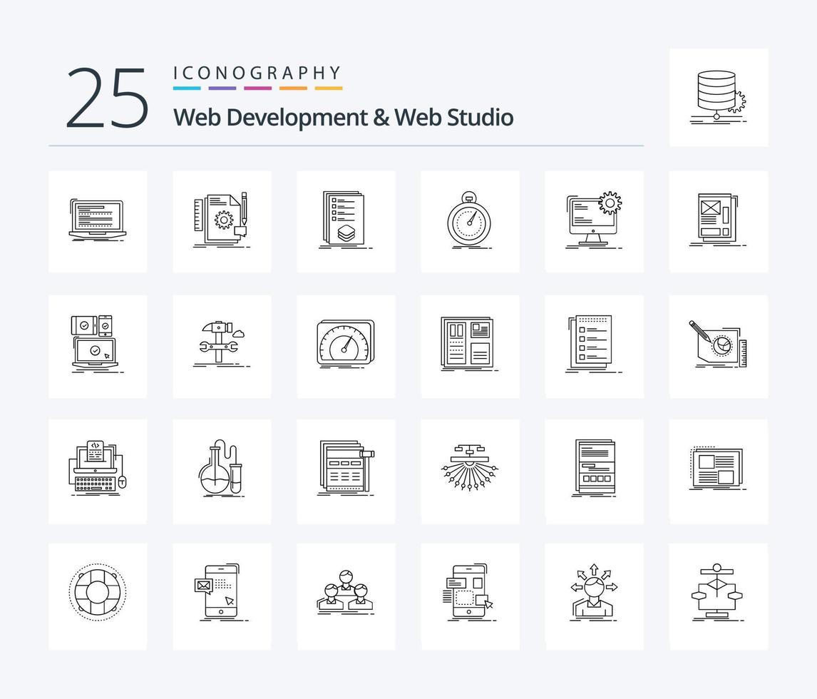 Webentwicklung und Webstudio 25-Zeilen-Icon-Pack einschließlich Optimierung. fertig. Rückmeldung. Kennzeichen. Liste vektor