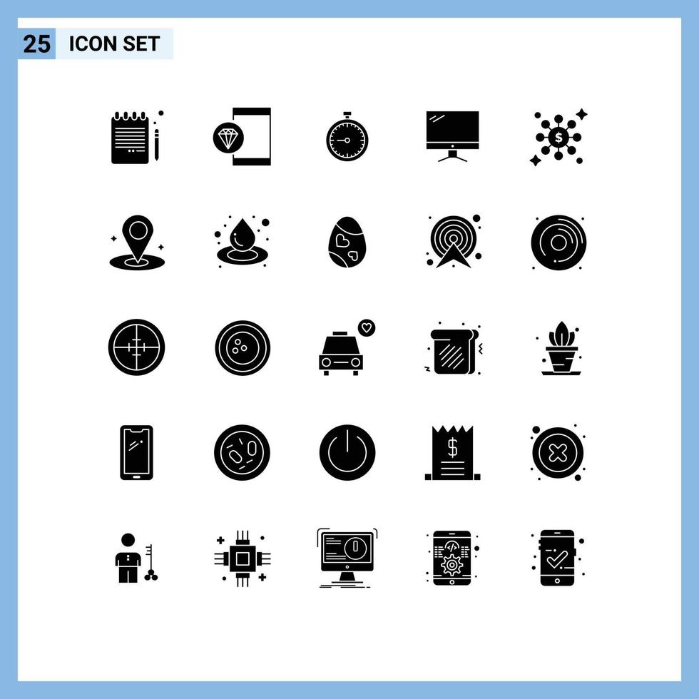 moderner Satz von 25 soliden Glyphen-Piktogrammen von schnell bearbeitbaren Vektordesign-Elementen für den Programmiertimer der Monitoruhr vektor