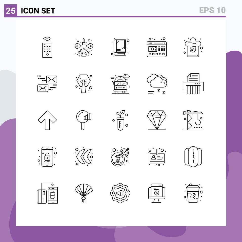 Stock Vector Icon Pack mit 25 Zeilenzeichen und Symbolen für E-Mail-Hut-Lesezeichen-Food-Website editierbare Vektordesign-Elemente