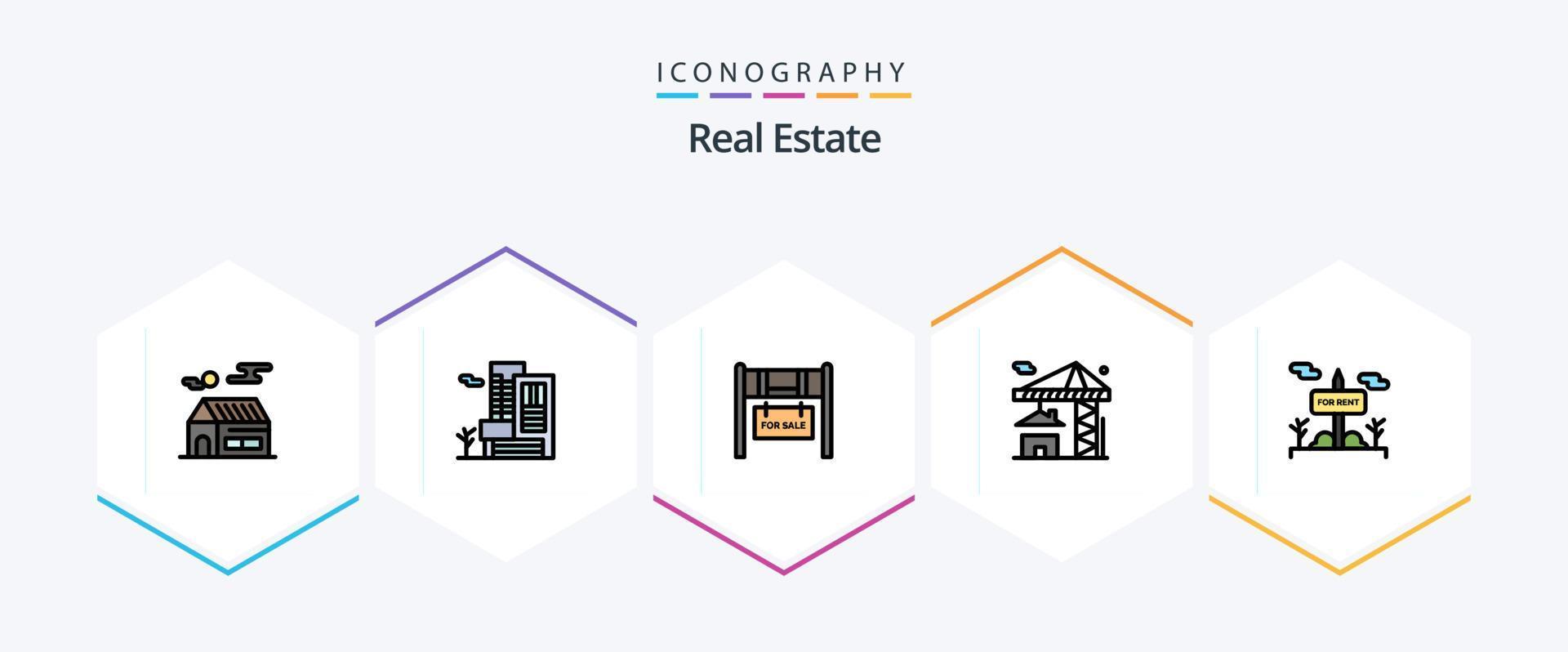 Immobilien 25 Filledline Icon Pack inklusive Schild. Gebäude. Gebäude. Anwesen. Kran vektor
