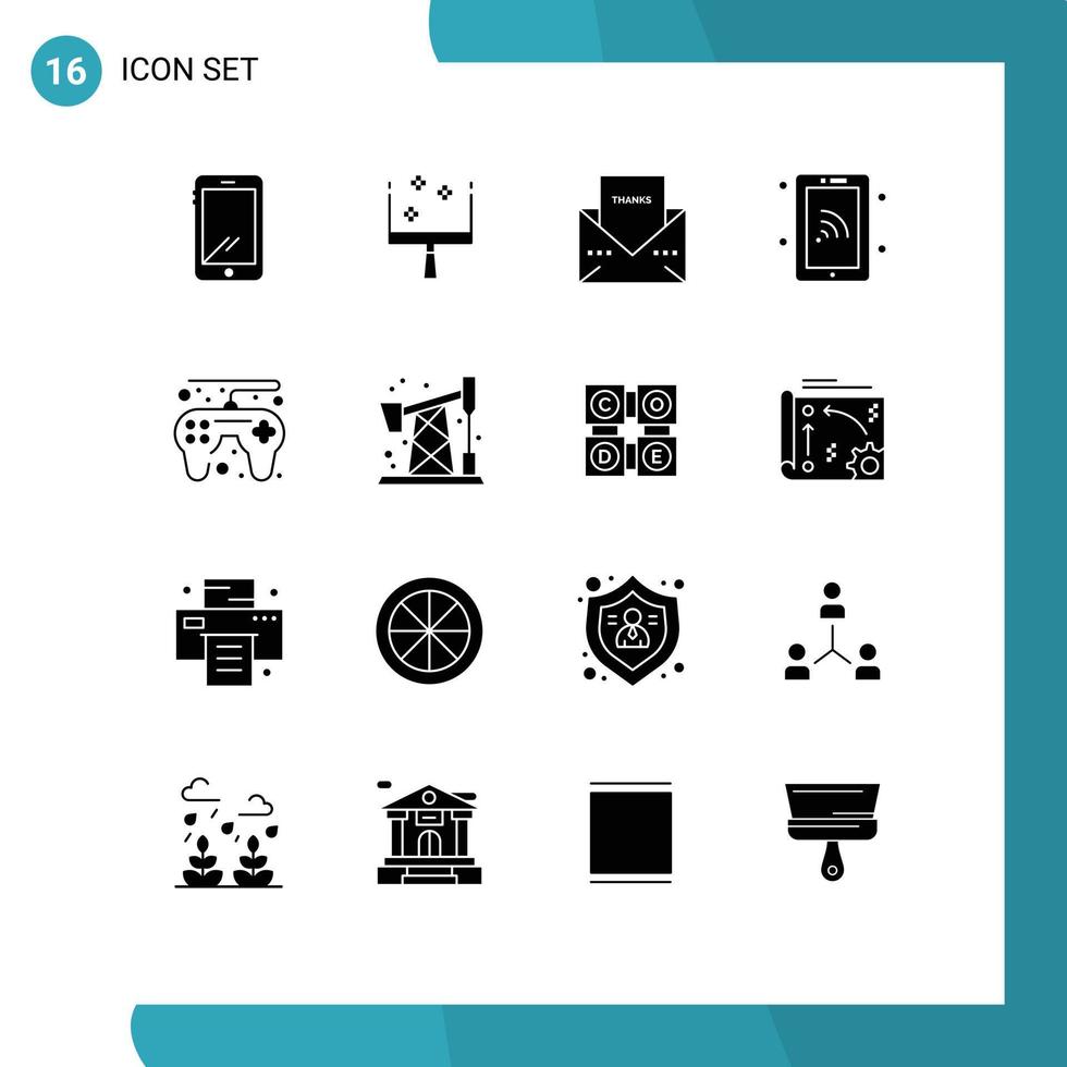 modern uppsättning av 16 fast glyfer pictograph av spel kontrollant teknologi kuvert smartphone tacksägelse redigerbar vektor design element