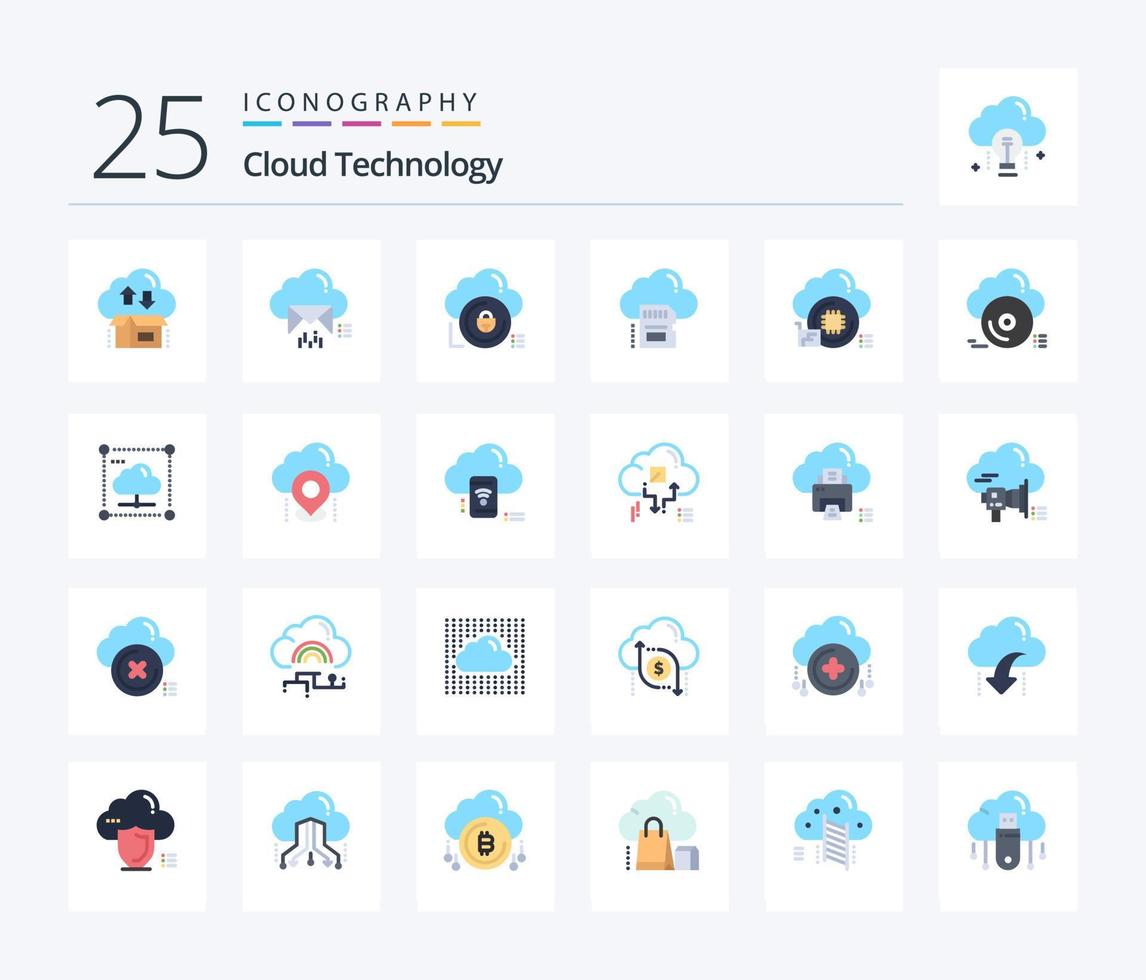 moln teknologi 25 platt Färg ikon packa Inklusive data. sd. data. privat. säkra vektor