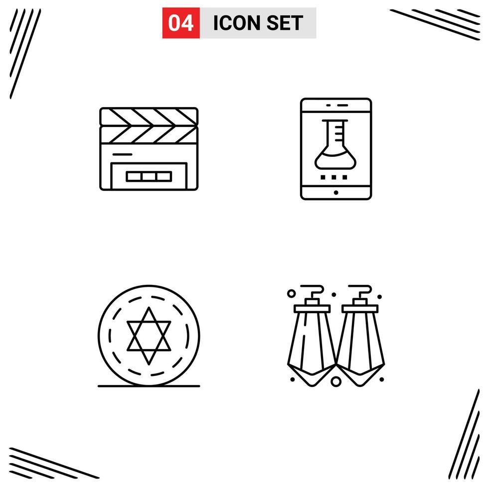 Stock Vector Icon Pack mit 4 Zeilenzeichen und Symbolen für Schindelkreis Filmklappe Online-Labor magische editierbare Vektordesign-Elemente