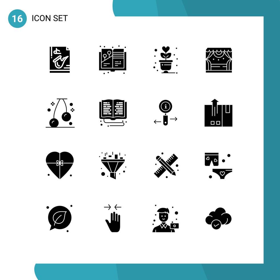 editierbares Vektorlinienpaket mit 16 einfachen soliden Glyphen aus Kirschbühnenmalbuch-Spotlight-Romantik editierbare Vektordesign-Elemente vektor