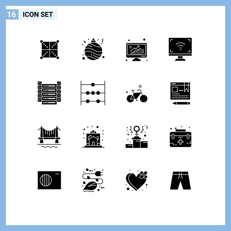 Gruppe von 16 modernen soliden Glyphen, die für den Fernsehbildschirm eingestellt sind, wachsen multimediale Daten editierbare Vektordesign-Elemente vektor
