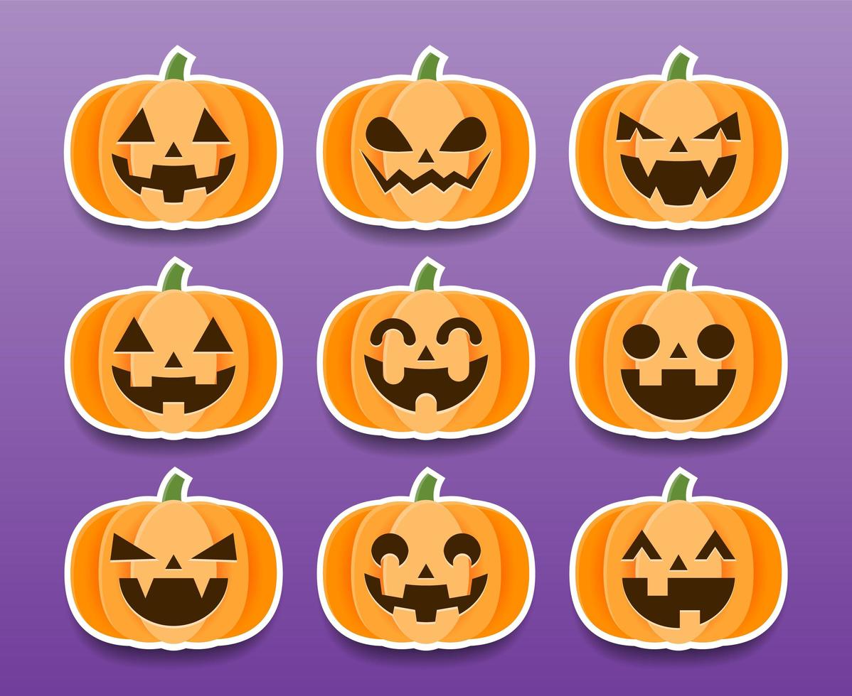 uppsättning tecknade halloween pumpaklistermärken vektor