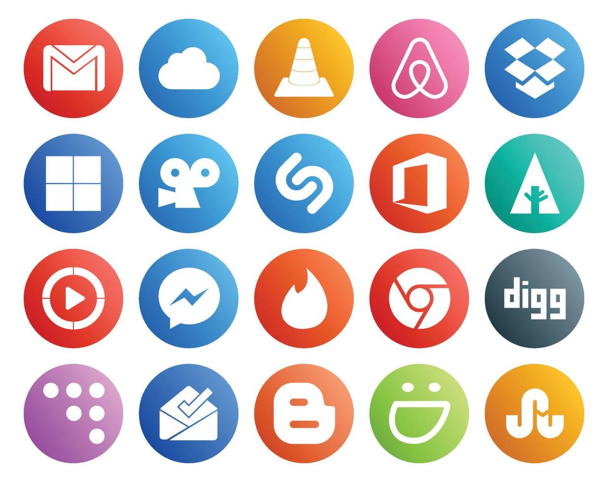 20 Social-Media-Icon-Packs, einschließlich Tinder-Video-Dropbox-Windows-Media-Player-Büro vektor