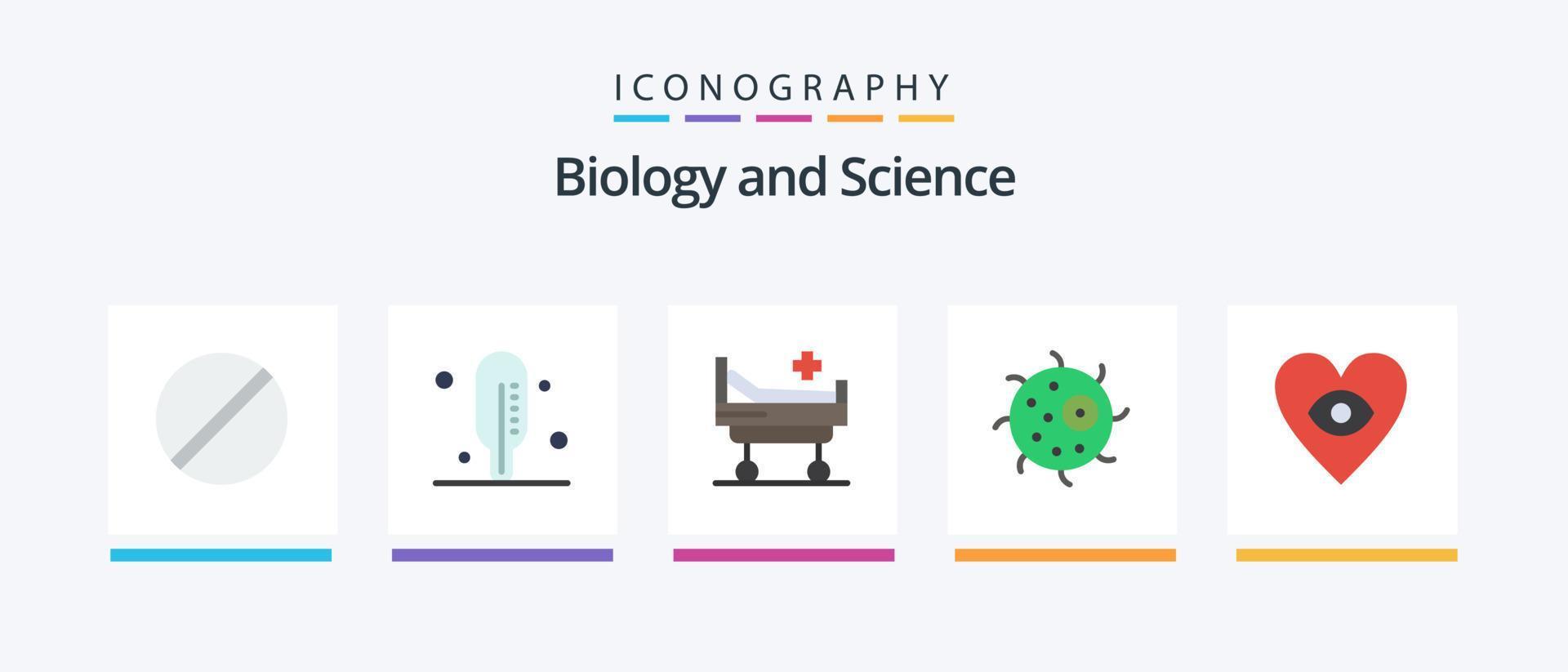 Biologie Flat 5 Icon Pack inklusive. Herz. Krankenhaus. Auge. Zelle. kreatives Symboldesign vektor