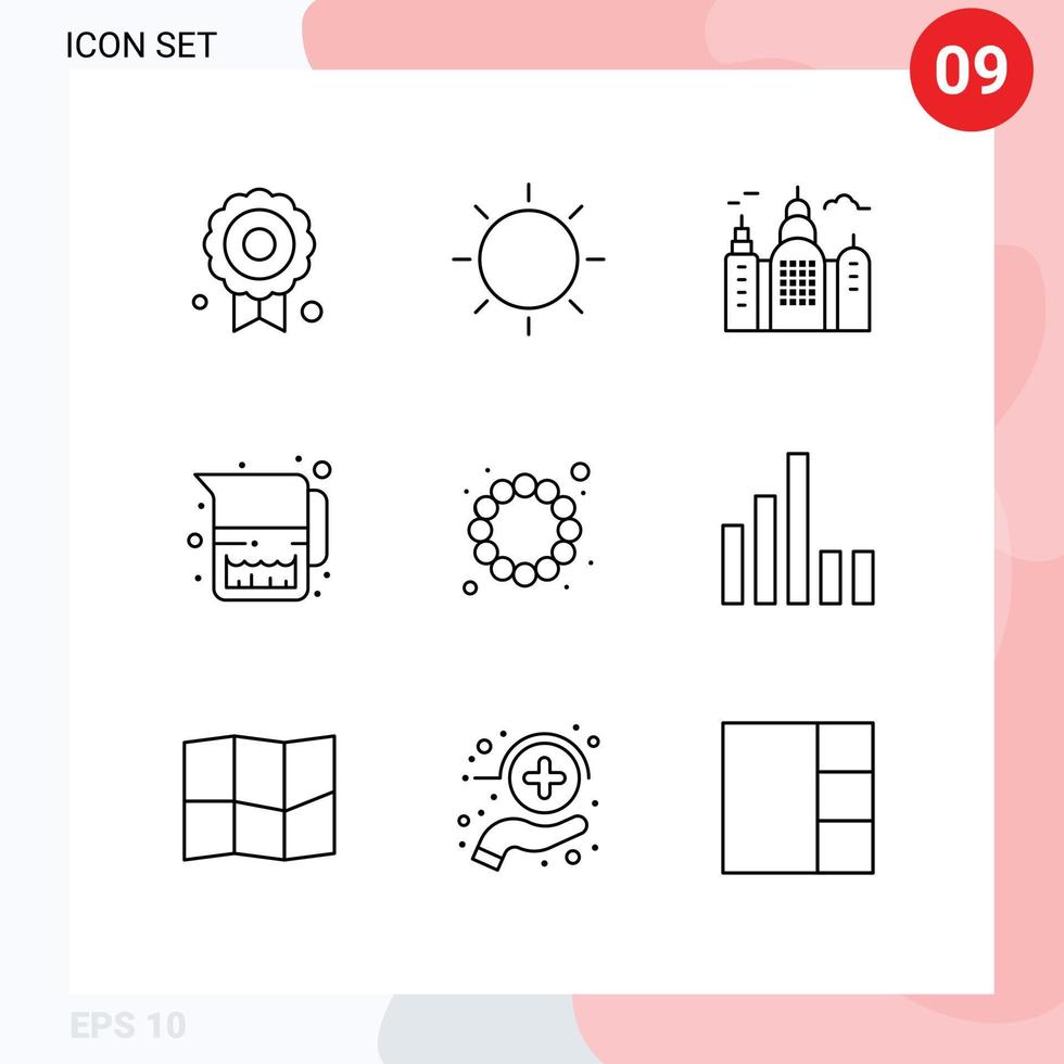 Stock Vector Icon Pack mit 9 Zeilenzeichen und Symbolen für Kostümperlen, die Milchkännchen bauen, editierbare Vektordesign-Elemente