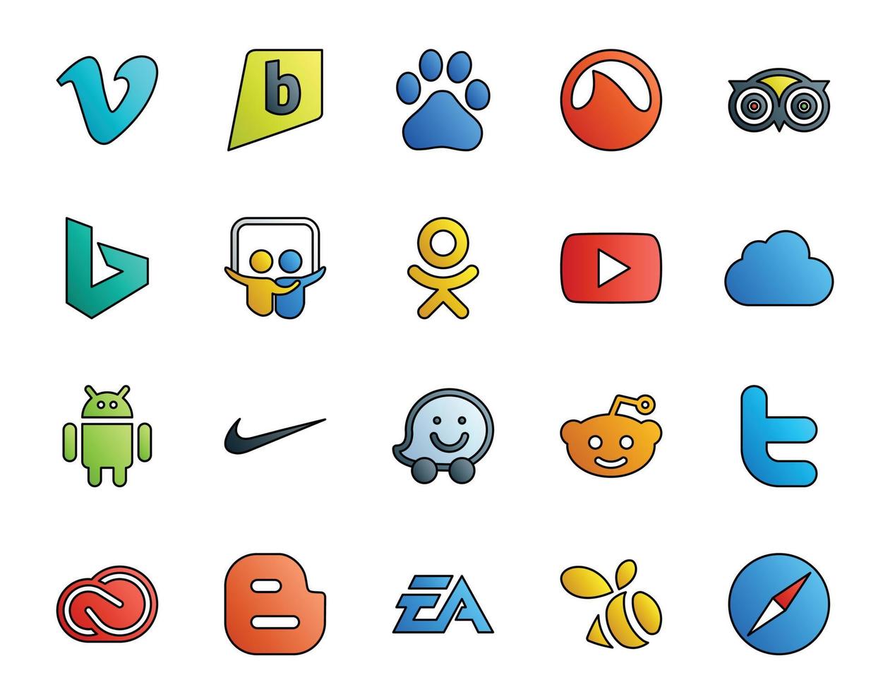 20 Social Media Icon Pack, einschließlich Twitter Waze Slideshare Nike iCloud vektor