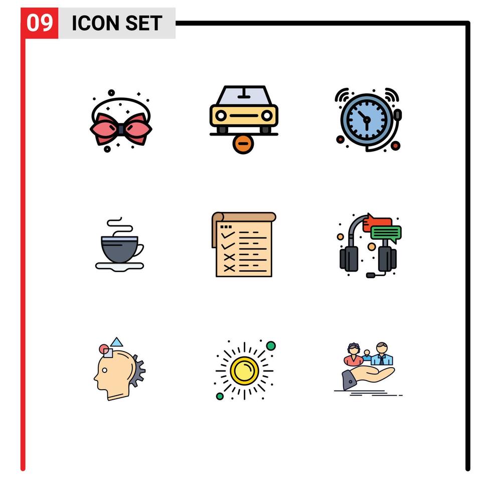 modern uppsättning av 9 fylld linje platt färger pictograph av kaffe te minus- Kolla på klocka redigerbar vektor design element