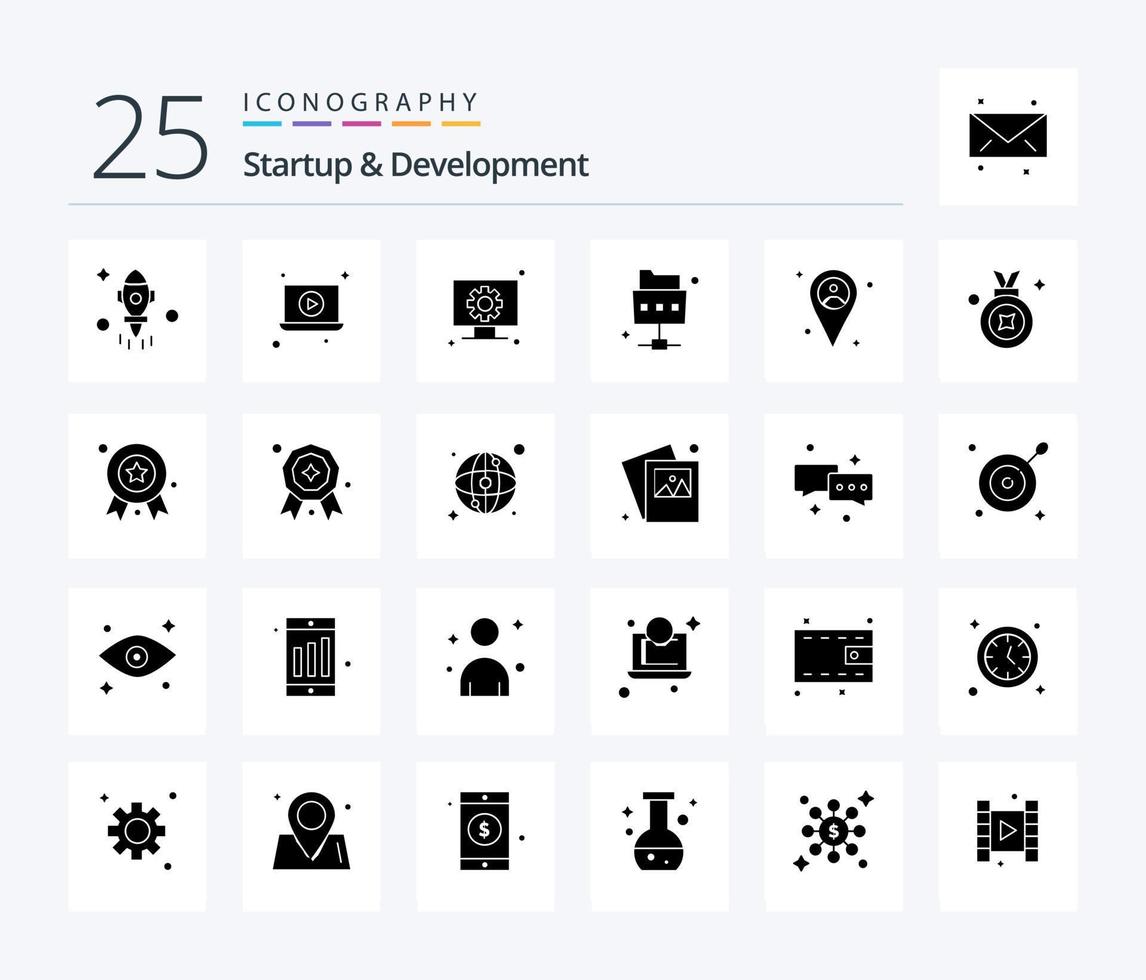 börja och utveckling 25 fast glyf ikon packa Inklusive tilldela. Karta. hårdvara. plats. fil vektor