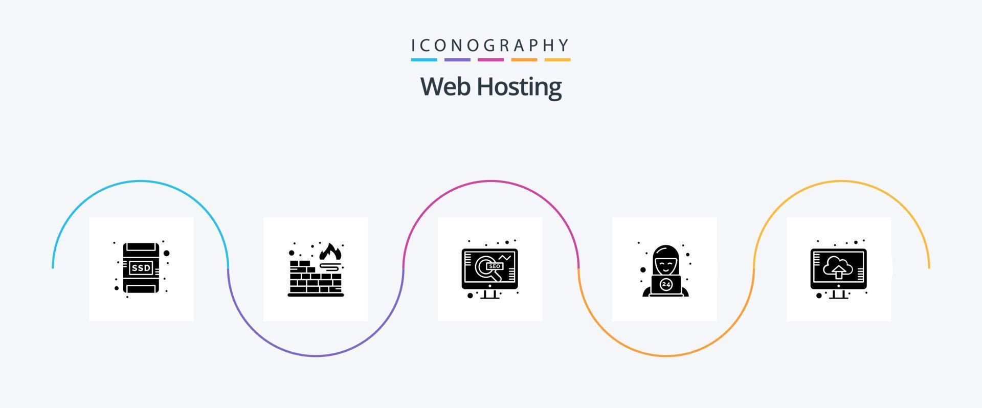 Webhosting Glyph 5 Icon Pack inklusive Upload. Rechner. Netz. Wolke. technisch vektor