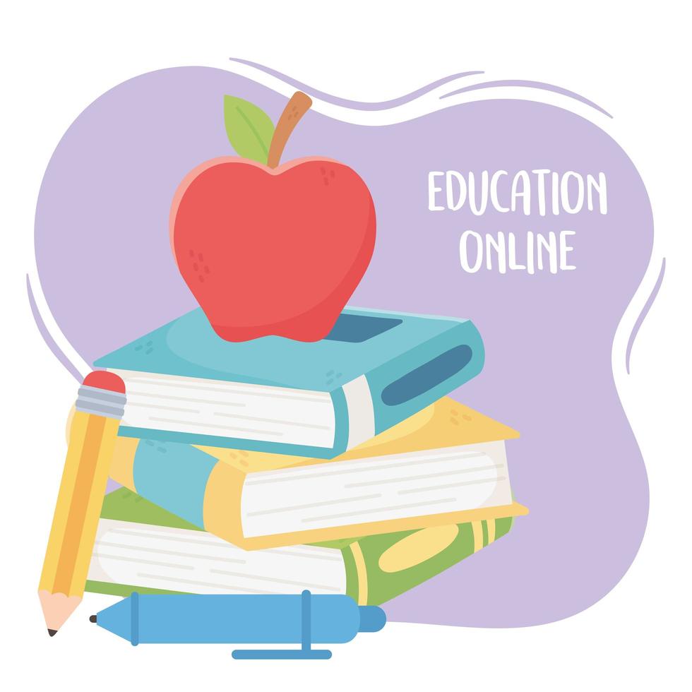 Online-Bildung, Apfel auf gestapeltem Buch mit Bleistift vektor