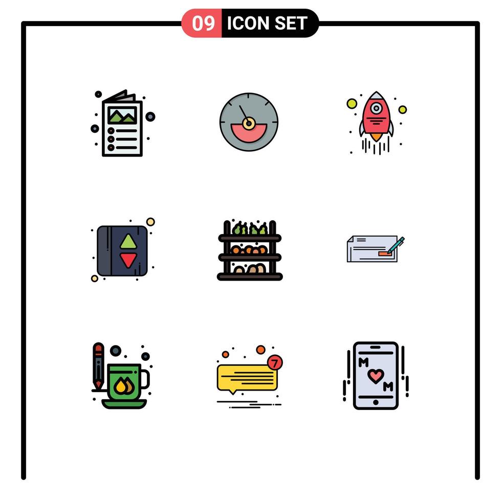 uppsättning av 9 modern ui ikoner symboler tecken för frukt handla lansera matvaror hiss dörr redigerbar vektor design element