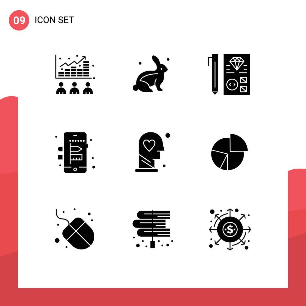 Gruppe von 9 soliden Glyphen Zeichen und Symbolen für Gehirn kreative Natur mobile Planung editierbare Vektordesign-Elemente vektor