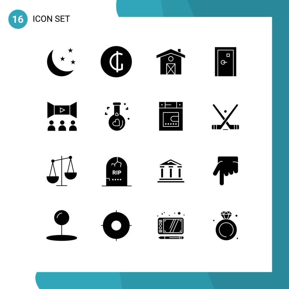 uppsättning av 16 vektor fast glyfer på rutnät för filma fylld Hem utgång byggnader redigerbar vektor design element