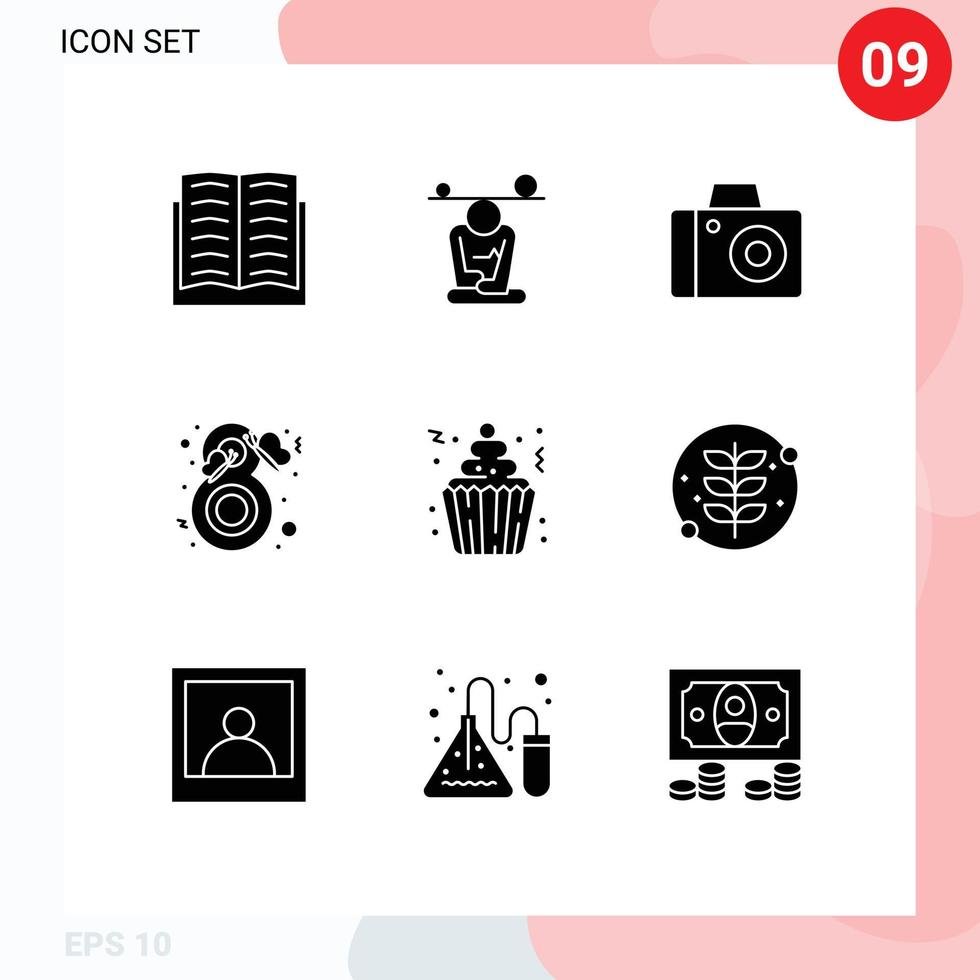 Gruppe von 9 soliden Glyphen Zeichen und Symbolen für Kuchen Mode Achtsamkeit Schmetterling Schönheit editierbare Vektordesign-Elemente vektor