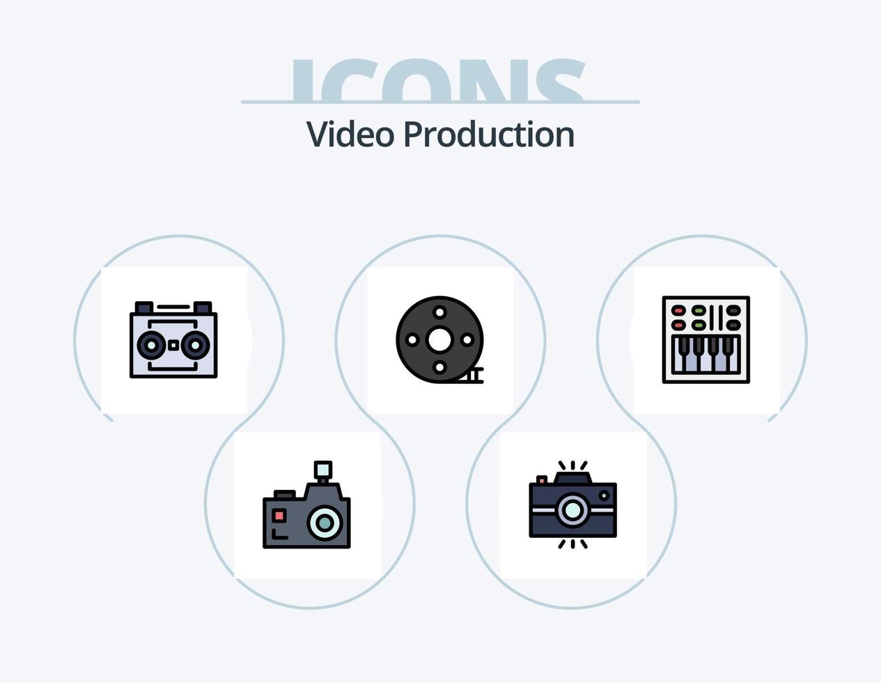 video produktion linje fylld ikon packa 5 ikon design. handkamera. videokamera. studio blixt. filmskapande. kläpp vektor