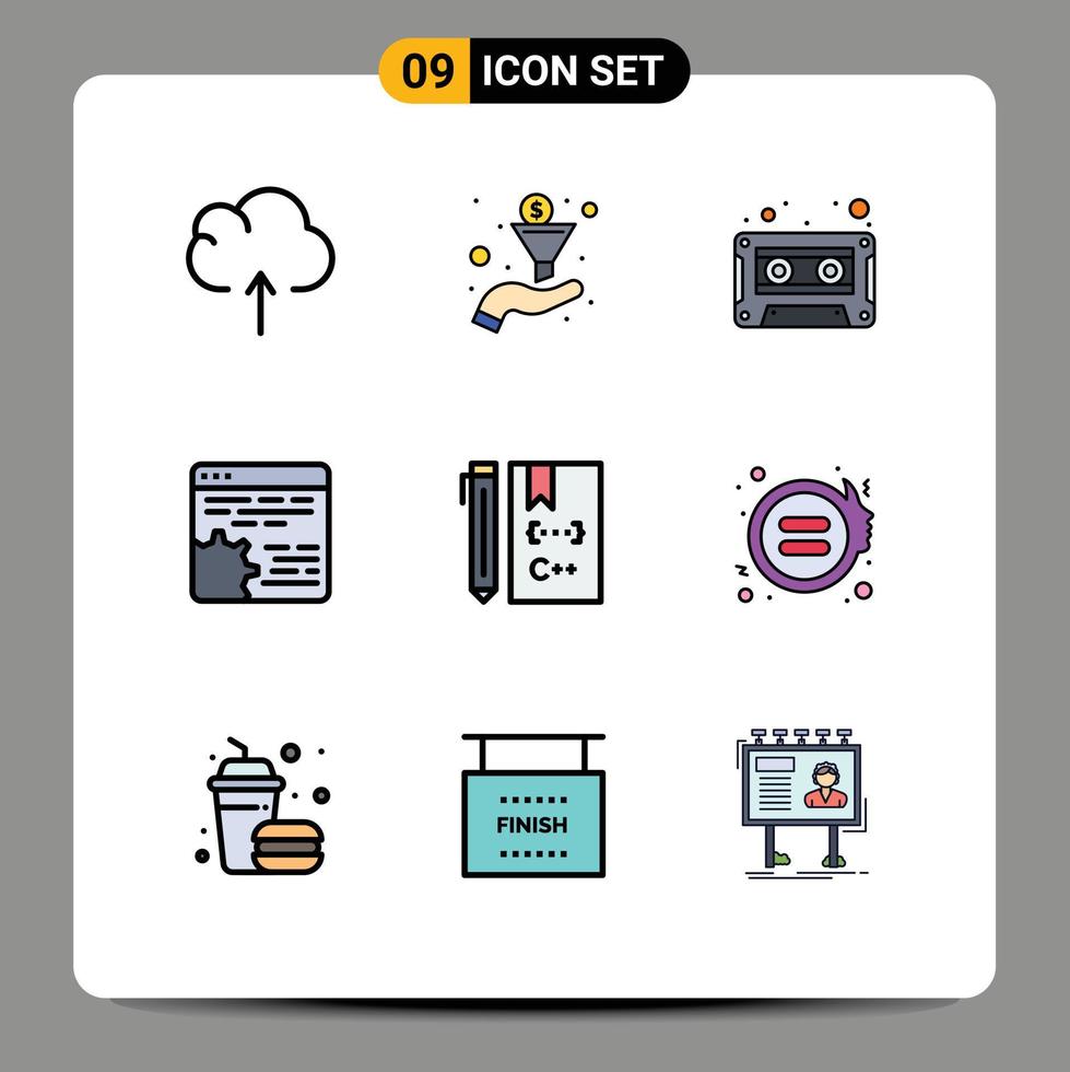 Satz von 9 Vektor-Fülllinien-Flachfarben auf Raster zum Codieren von c-Kassetten-App-Zahnrädern editierbare Vektordesign-Elemente vektor