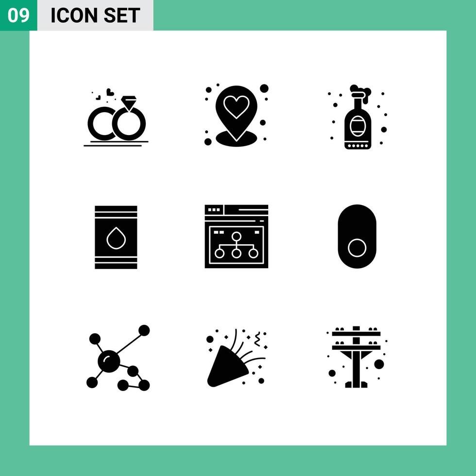 Satz von 9 modernen ui-Symbolen Symbole Zeichen für Seite Öko-Getränk brennbares Öl editierbare Vektordesign-Elemente vektor