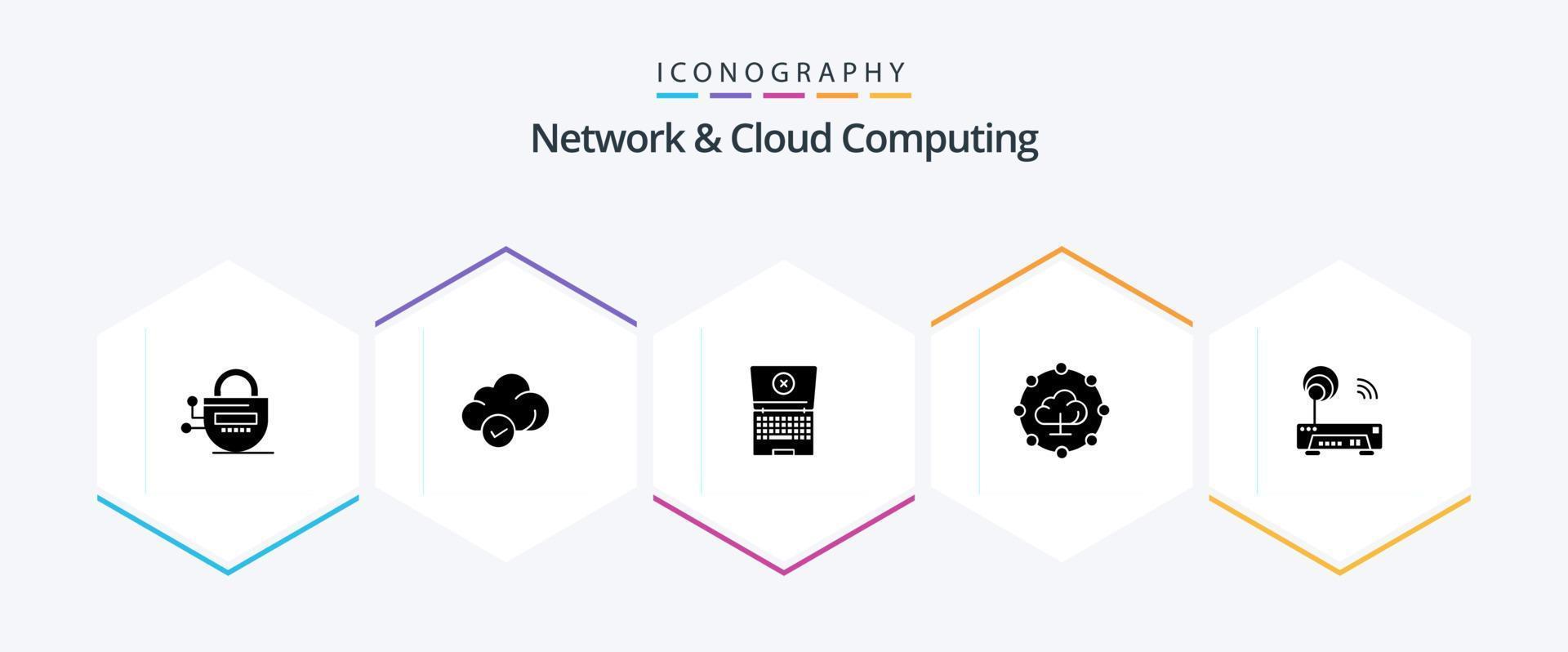 Netzwerk- und Cloud-Computing 25 Glyphen-Symbolpaket einschließlich Technologie. elektronisch. Laptop. Gerät. Netzwerk vektor