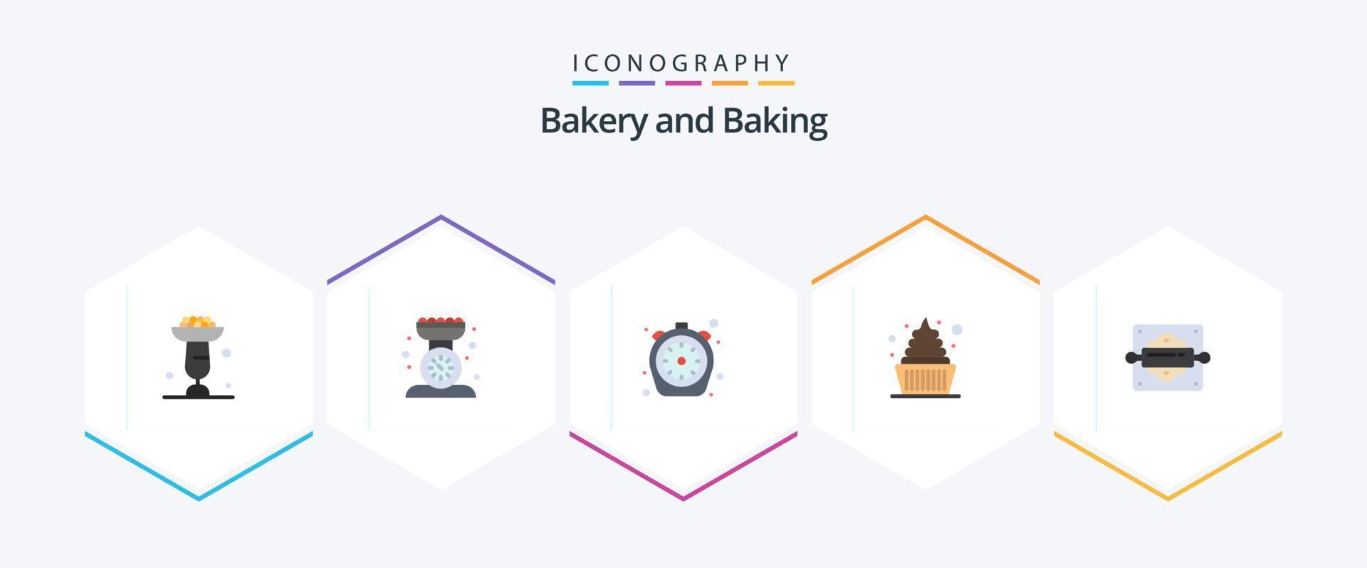 bakning 25 platt ikon packa Inklusive efterrätt. timer. kök skala. tid. mat vektor