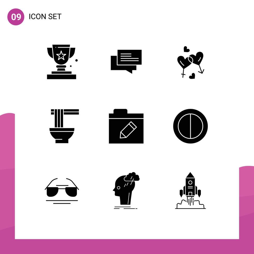 9 solides Glyphen-Konzept für mobile Websites und Apps Ramen-Lebensmitteleinkauf chinesische Liebe editierbare Vektordesign-Elemente vektor