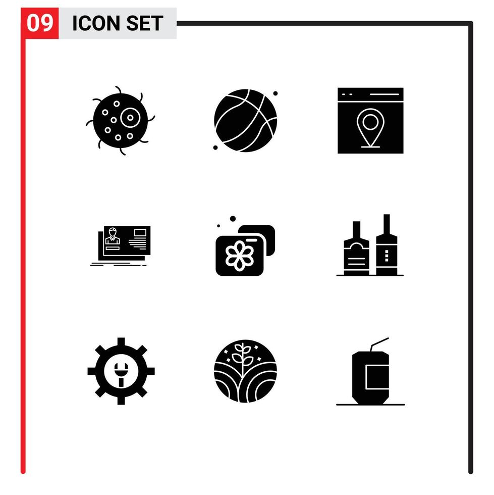 9 solides Glyphenkonzept für mobile Websites und Apps Unterkunftskartenkommunikation Identitäts-ID editierbare Vektordesign-Elemente vektor