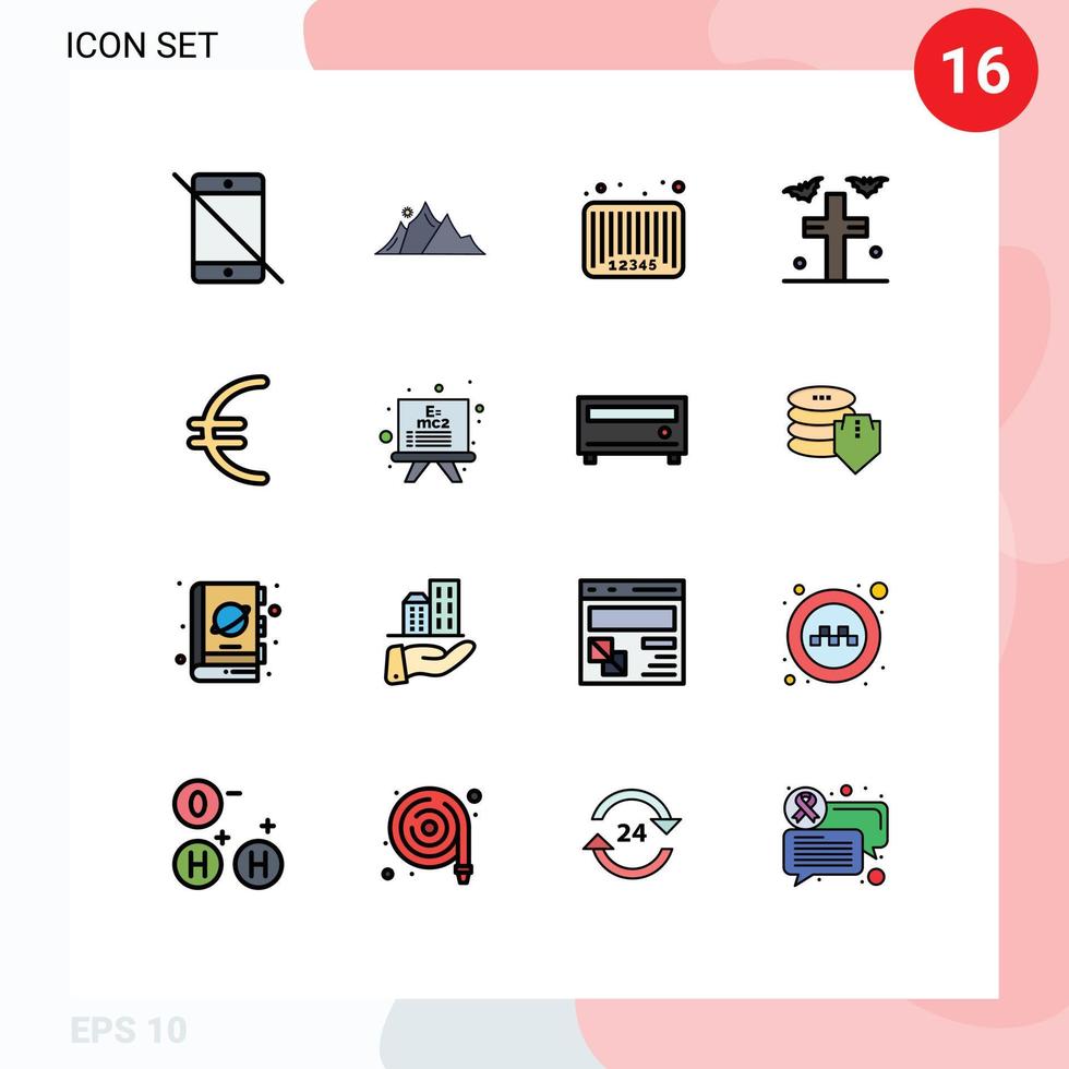 16 universelle, flache, farbgefüllte Linien für Web- und mobile Anwendungen Rip-Fledermäuse Mountain Code Barcode editierbare kreative Vektordesign-Elemente vektor