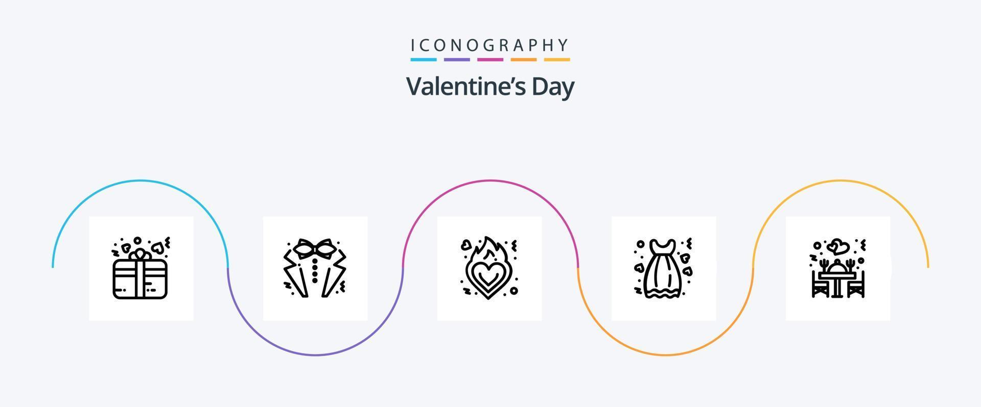 valentines dag linje 5 ikon packa Inklusive kärlek. klänning. slips. datum. roman vektor