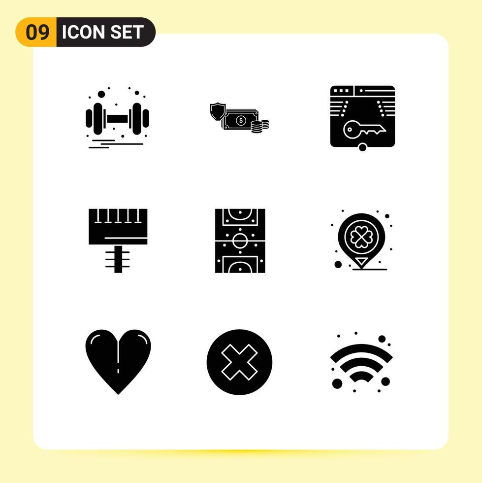 Satz von 9 Vektor-Solid-Glyphen auf dem Raster für die Werbung Login-Goldform Schlüssel editierbare Vektordesign-Elemente vektor