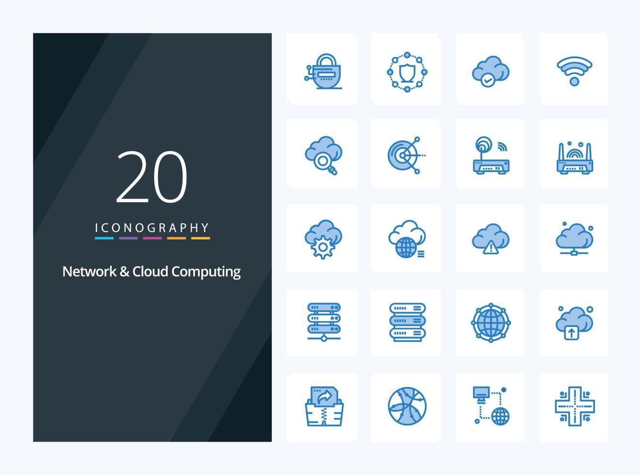 20 nätverk och moln datoranvändning blå Färg ikon för presentation vektor