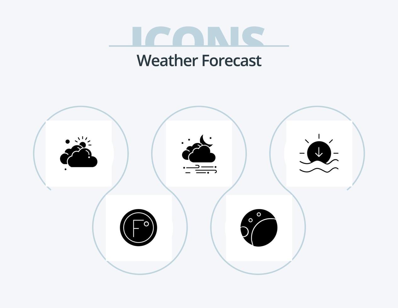 Wetter-Glyphen-Icon-Pack 5 Icon-Design. Sonnenuntergang. Wolke. wolkig. Mond. Wind vektor
