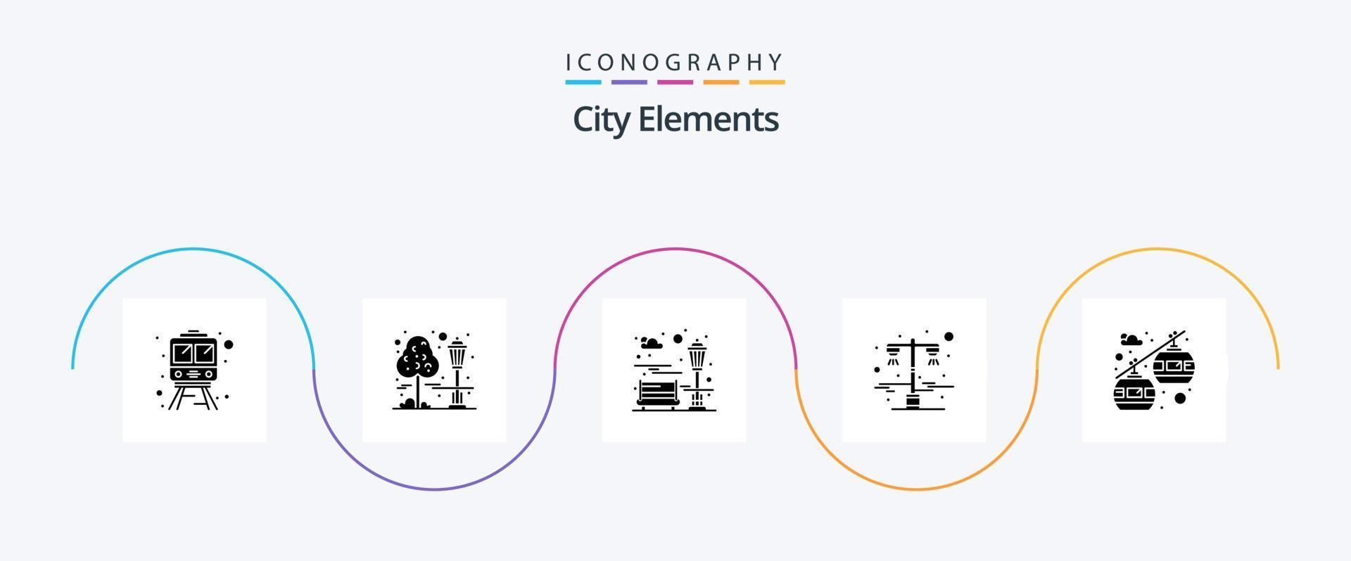 City Elements Glyph 5 Icon Pack inklusive Sessellift. Seilbahn. Stadt. Straßenlicht. hell vektor